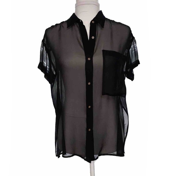 OPENING CEREMONY SHEER BLACK FRONT BACK BUTTON UP COLLARED SHORT SLEEVE TOP - Picture 2 of 11